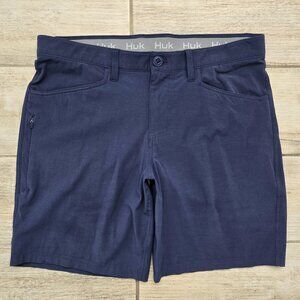 Huk Kona Performance Fishing Shorts Men Navy Stretchy Outdoor Tech Pocket 36